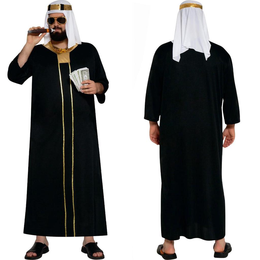 Fantasia Sheik Árabe Masculina Plus Size Luxo Preta Com Turbante P 38 - 40