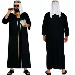 Fantasia Sheik Árabe Masculina Plus Size Luxo Preta Com Turbante P 38 - 40