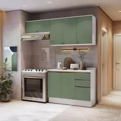 Armário de Cozinha Compacta 3 Gavetas 100% MDF 200cm Branco/Verde Celeste Kappesberg