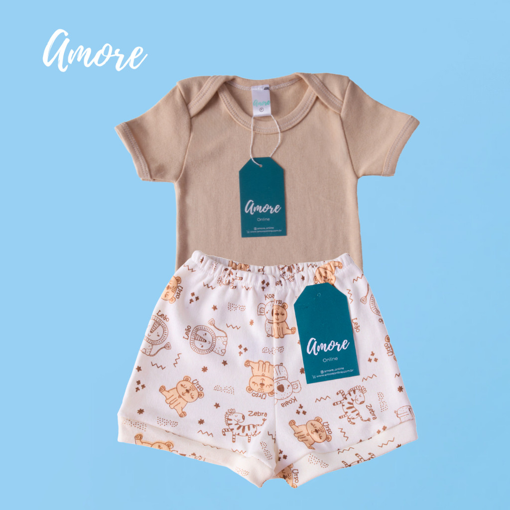 Conjunto Body Manga Curta Amore Marrom e Short Coleguinha 100% Algodão
