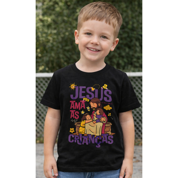 Camiseta Infantil Jesus Ama As Crianças 100% Algodão Estampa Religiosa