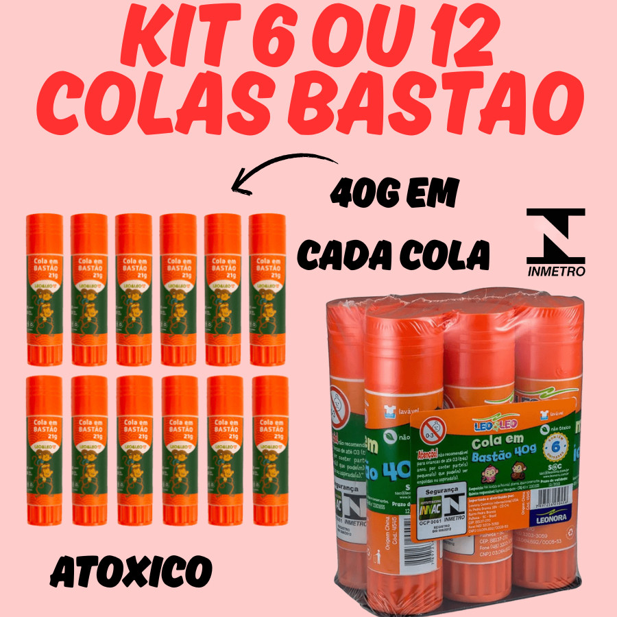 Kit 6 ou 12 Cola Bastão Leo&Leo Escola Material Escolar Lavavel Escritorio Não Toxico Infantil