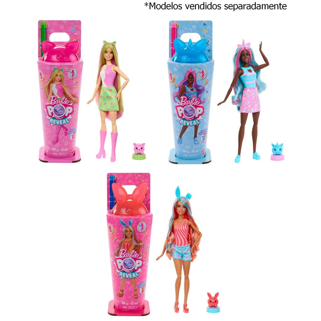Boneca Barbie Pop Reveal Série Shake Festa Animal - Boneca + Copo + Slime - Color Change Mattel