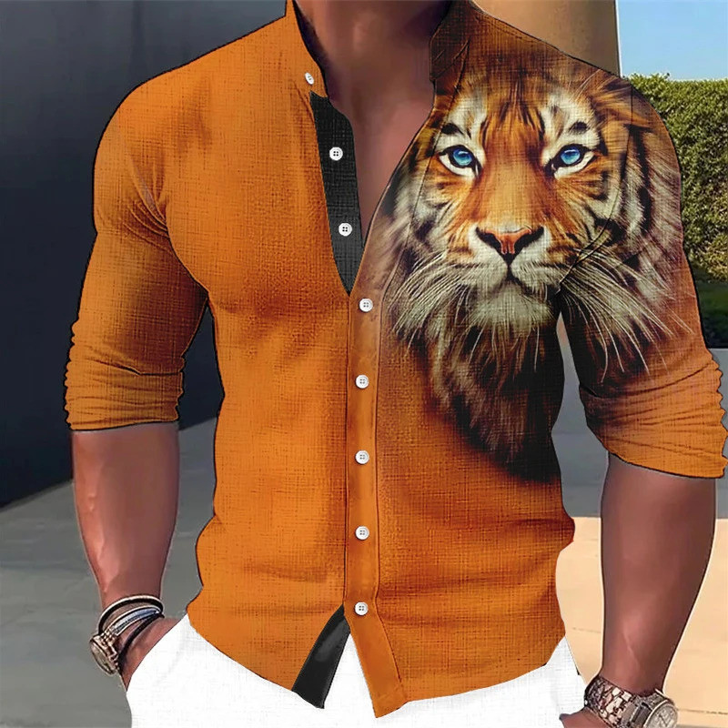 Camisa Casual com Estampa de Leão, Camisa de Manga Longa Masculina de Verão, Camisa com Gola Impressa em 3D, Camisa de M