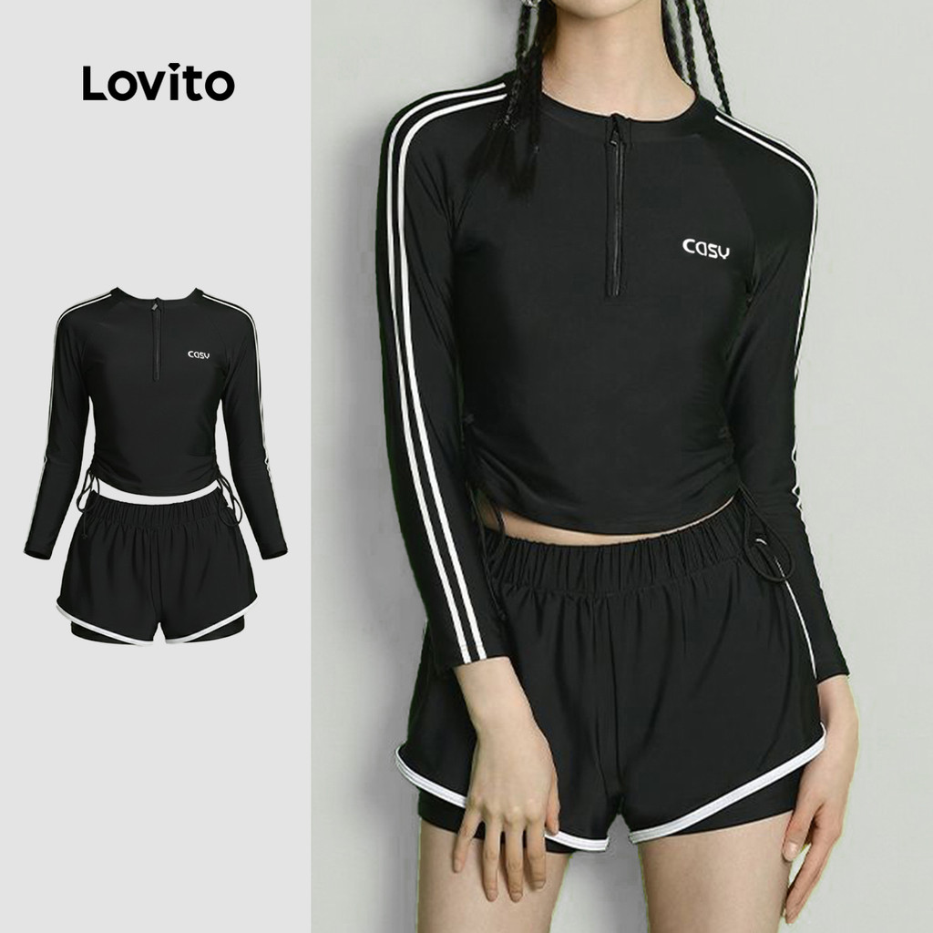 Lovito Conjuntos de Biquíni Esportivo 2 Peças com Viés Contrastante Primavera/verão preto LNE130018 em Oferta na Shopee