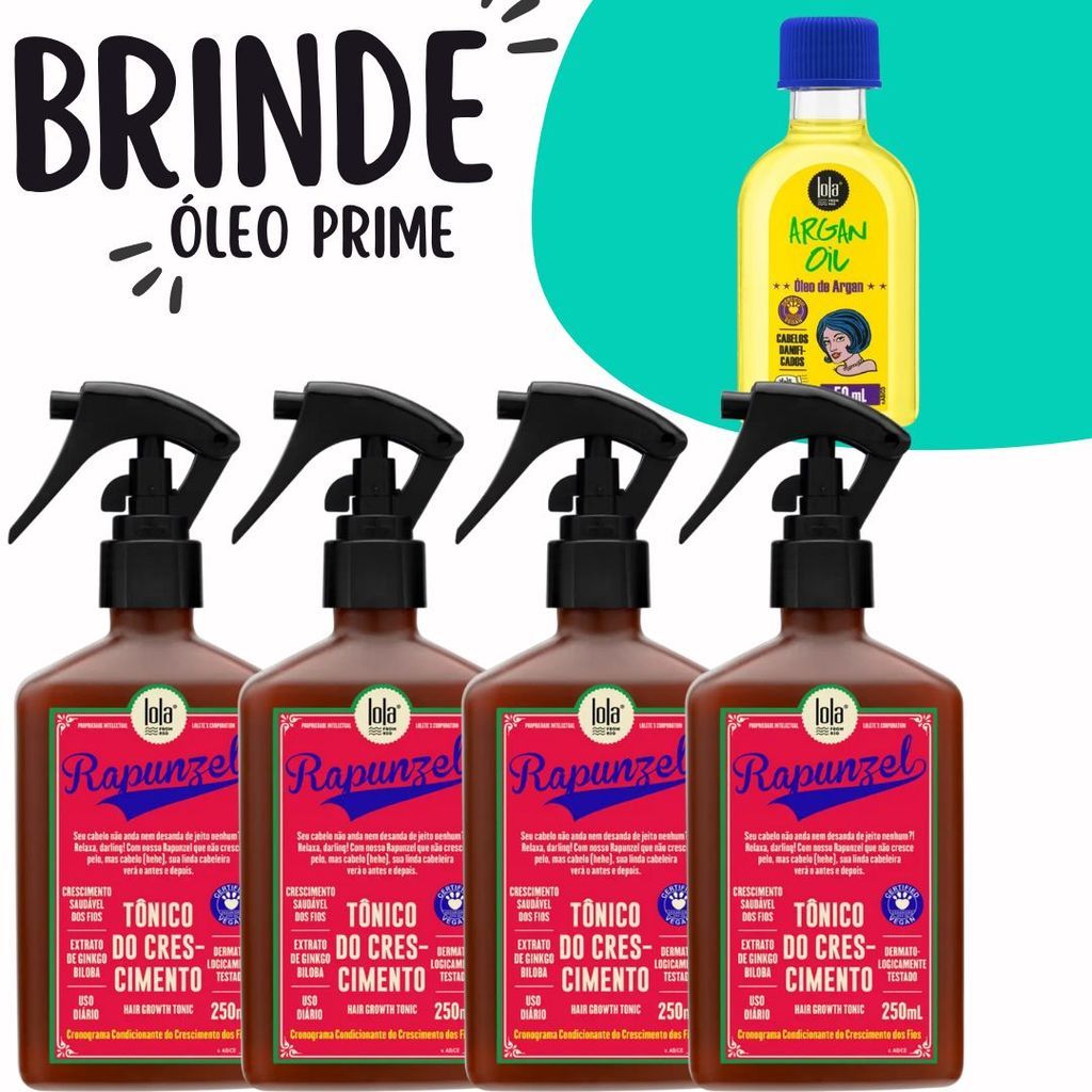 Kit 4x Tônico Rapunzel 250ml Lola Cosmetics + Óleo de Argan (Brinde) – Crescimento e Nutrição