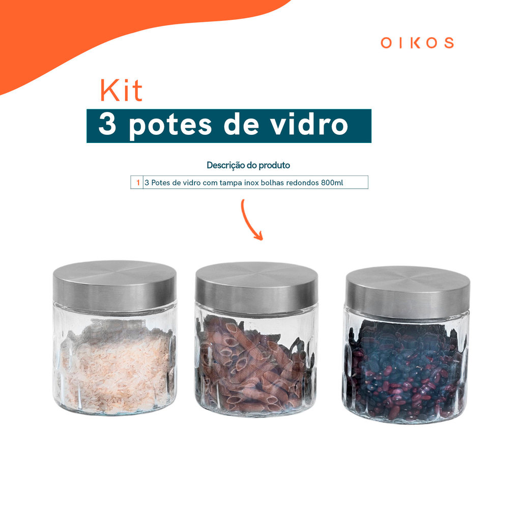 Kit 3 potes de vidro com tampa inox bolhas redondo 800ml - Mozcada — imagem 2 de 2