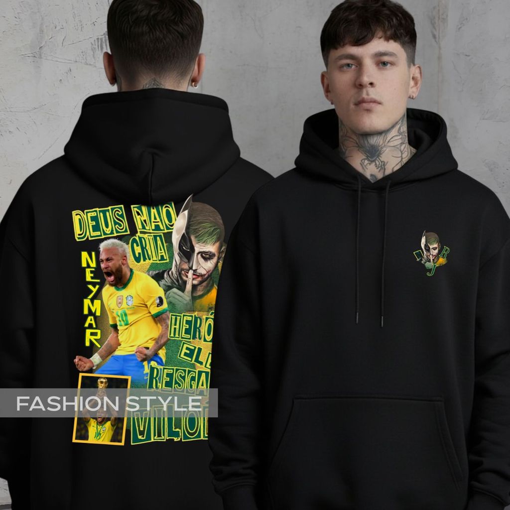 Moletom Neymar Brasil Estilo Streetwear Frase Impacto Vilão Seleção Brasileira Futebol Arte Coringa Meme Canguru Capuz