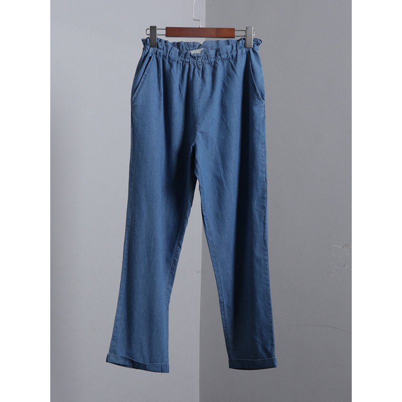 Azul claro babados cintura elástica Tencel calças magras verão fino Super macio pequeno solto Drape perna larga perna re