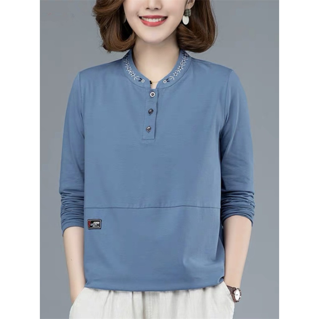 2023 camiseta de manga comprida feminina solta tamanho grande roupa externa estilo ocidental meia-idade mãe idosa primav