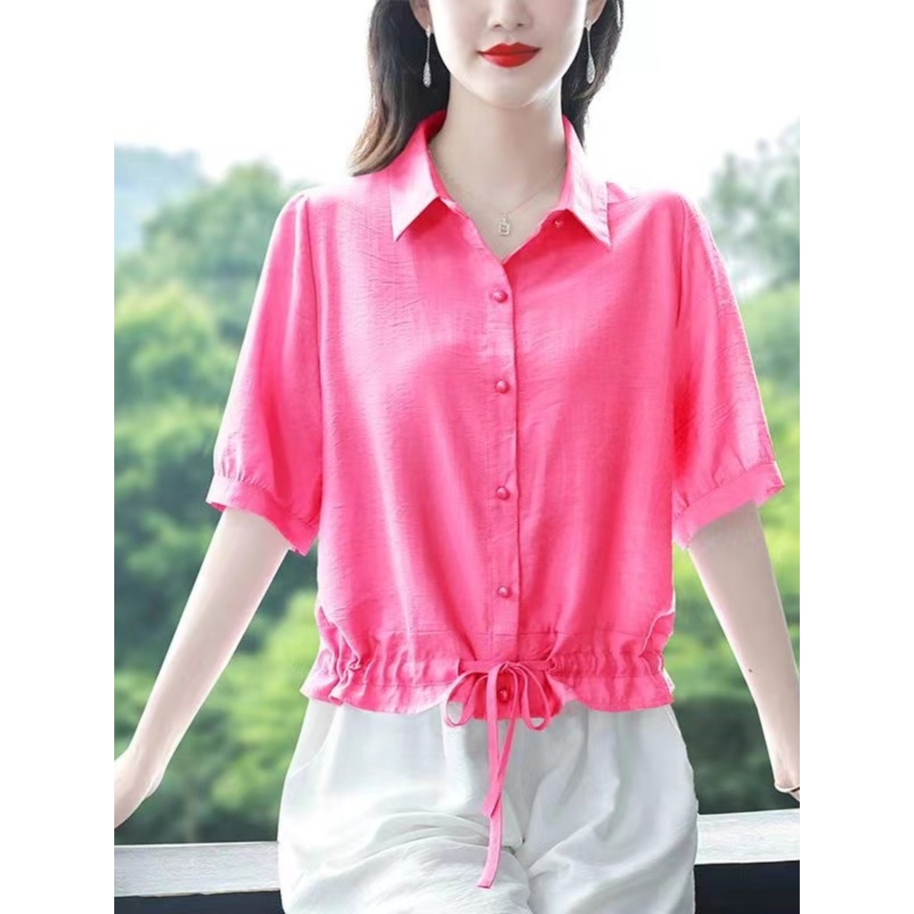 2025 primavera verão novo estilo camisa de linho de algodão feminino de manga curta estilo ocidental solto mais magro ol