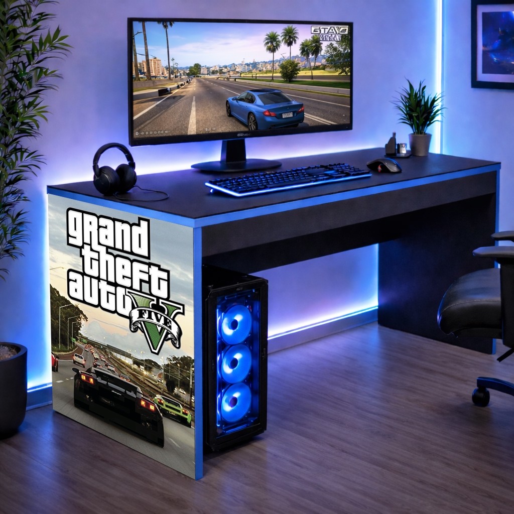 Escrivaninha Gamer Infantil Preta Bordas Azuis Oferta Achadinho
