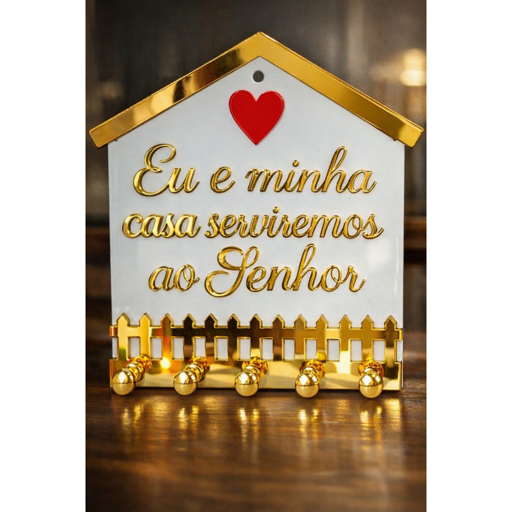 Porta Chave Decorativo em ACM BRANCO/DOURADO  _Eu e minha casa serviremos ao Senhor