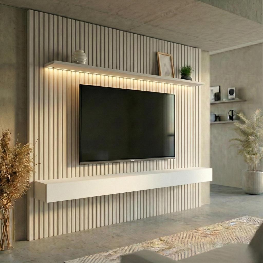 Painel Ripado com Rack Suspenso até 70 Polegadas Tulum com LED 1 PT 2 GV Off White Alt 242 Larg 222 cm