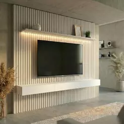 Painel Ripado com Rack Suspenso até 70 Polegadas Tulum com LED 1 PT 2 GV Off White Alt 242 Larg 222 cm