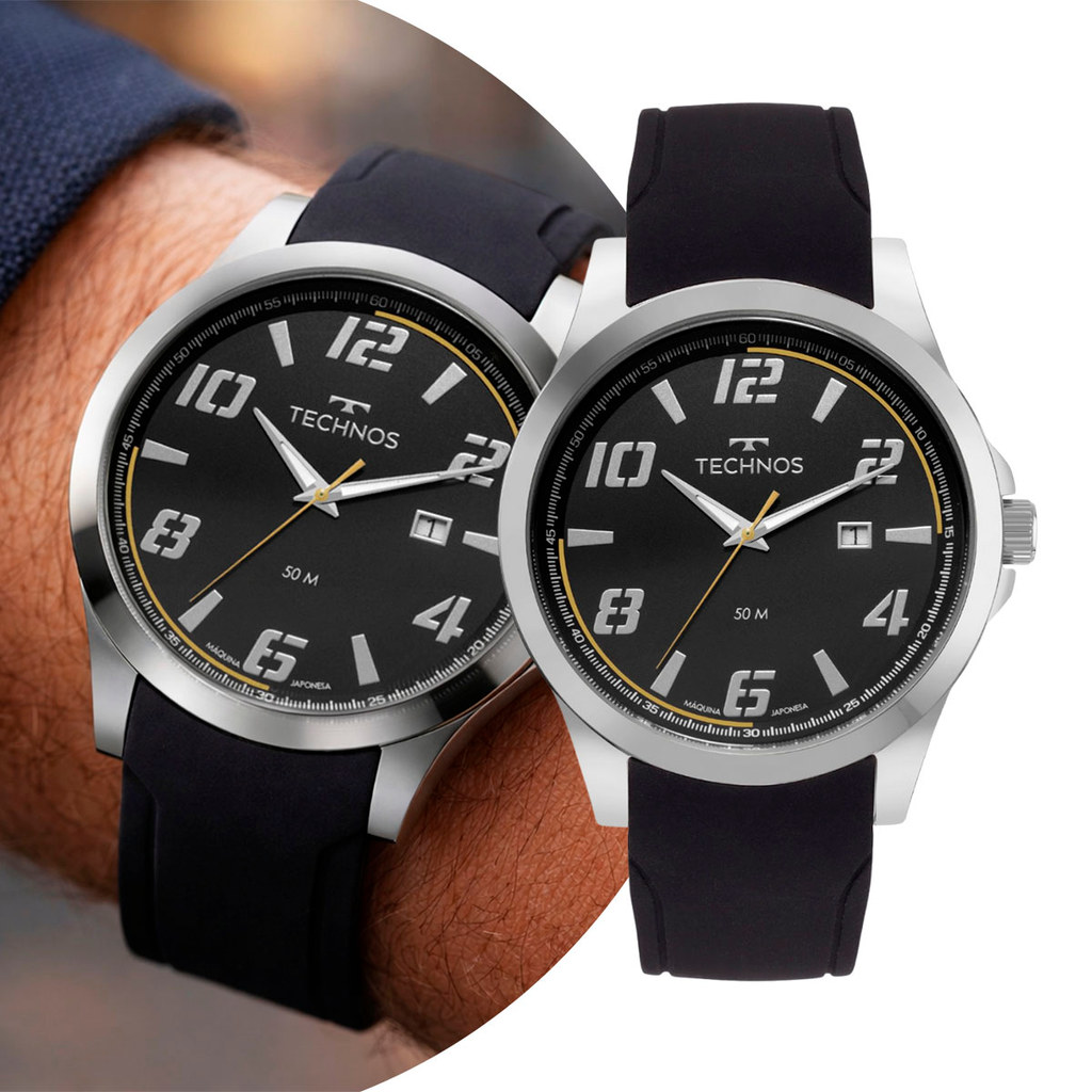 Relógio Masculino Analógico de Pulso Preto e Prata com Pulseira de Silicone à Prova D Água Casual Social Technos