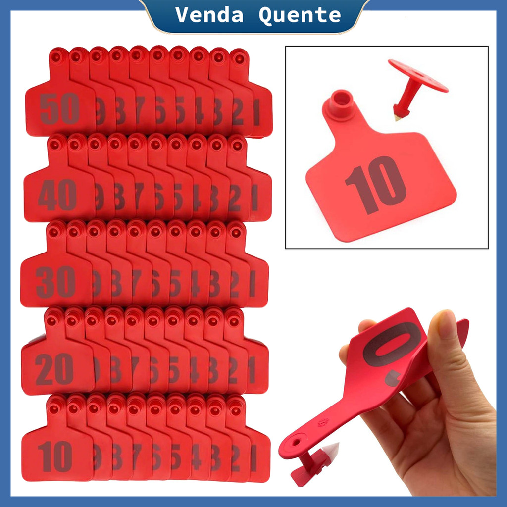 50 Brincos de Identificação para Cabras, Etiquetas Numeradas 051-100 Para Bovinos, Etiquetas Macias Com Letras, Vermelho