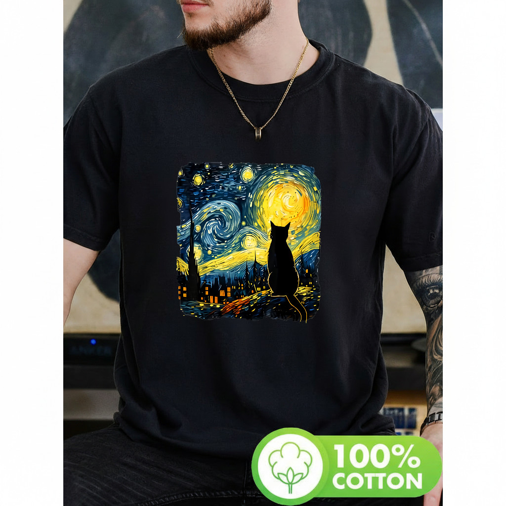 Camiseta Gato Estrela Noturno Estampa Paisagem Confortável Atemporal Elegante Moda Feminina