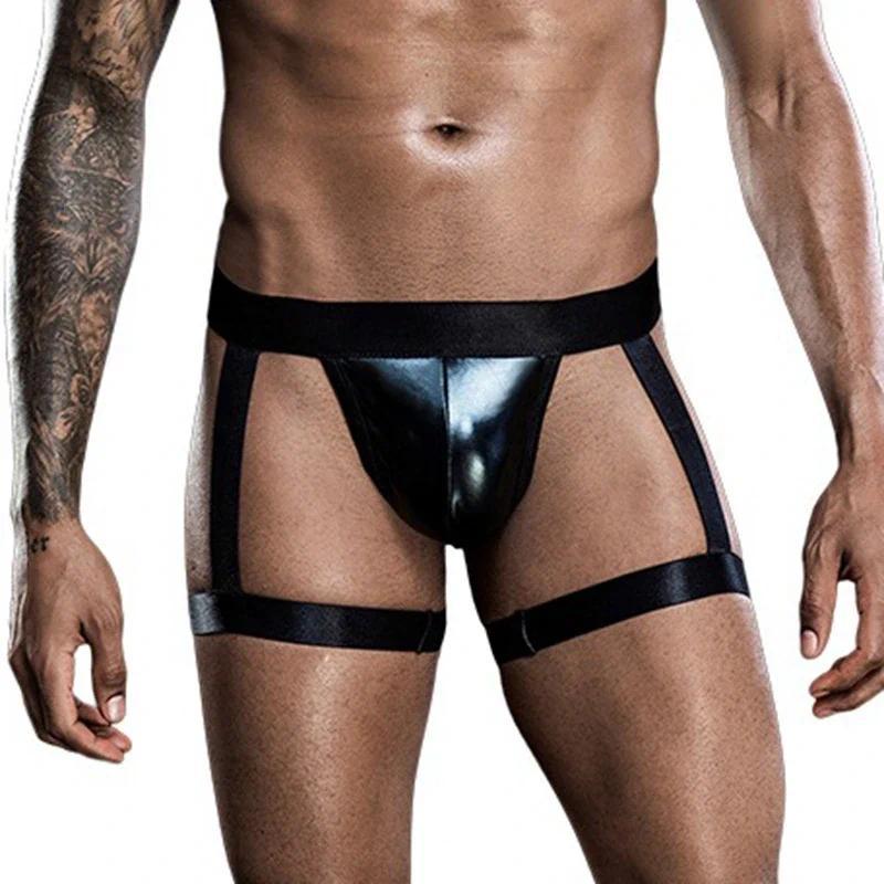 Homens PU Couro Falso Jockstrap Arnês Bondage Fetiche Hombre Stage Nighclubwear Roupa Interior Sexual