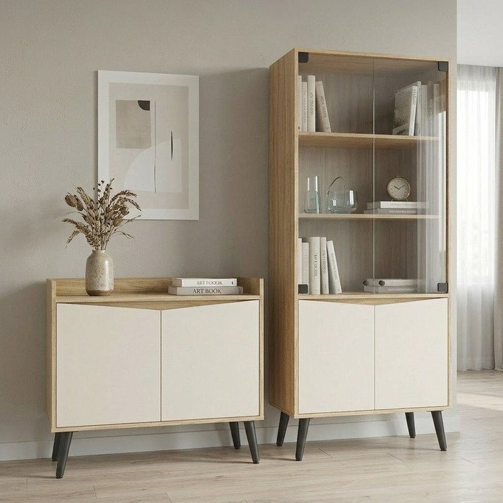 Buffet Aparador 2 Portas Retrô 88cm e Cristaleira Branco/Amendoa/Off White