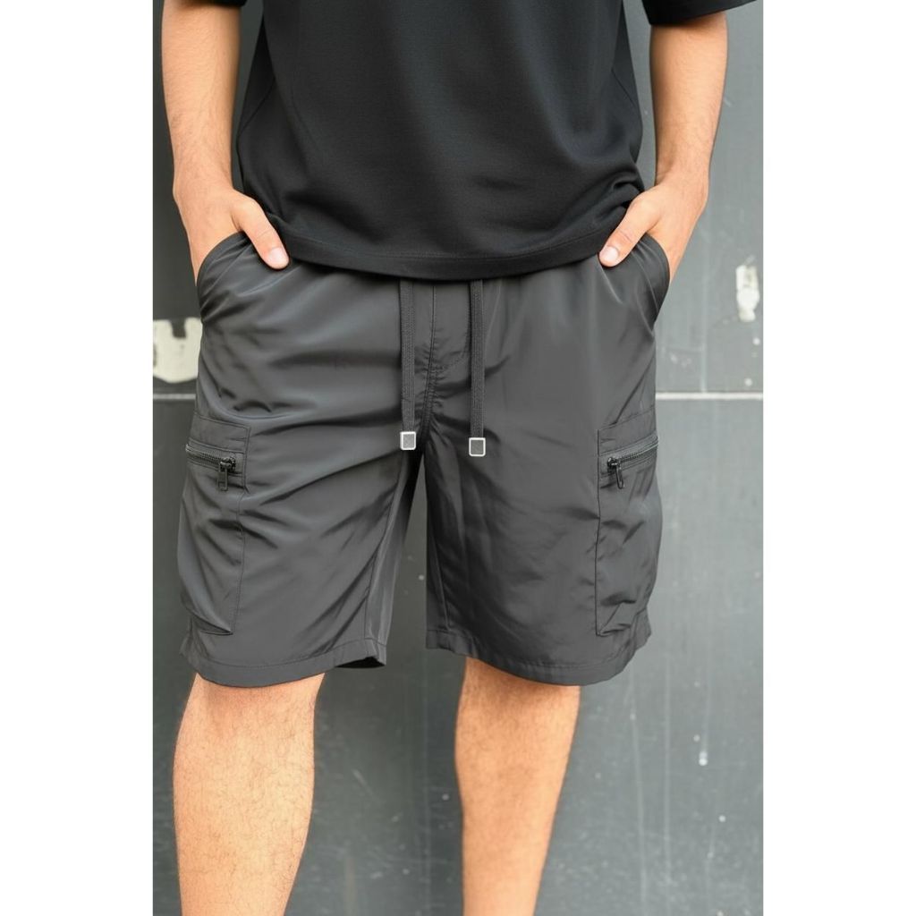 Bermuda Masculina Tactel Cargo Premium Techwear Streetwear com Bolso Zíper