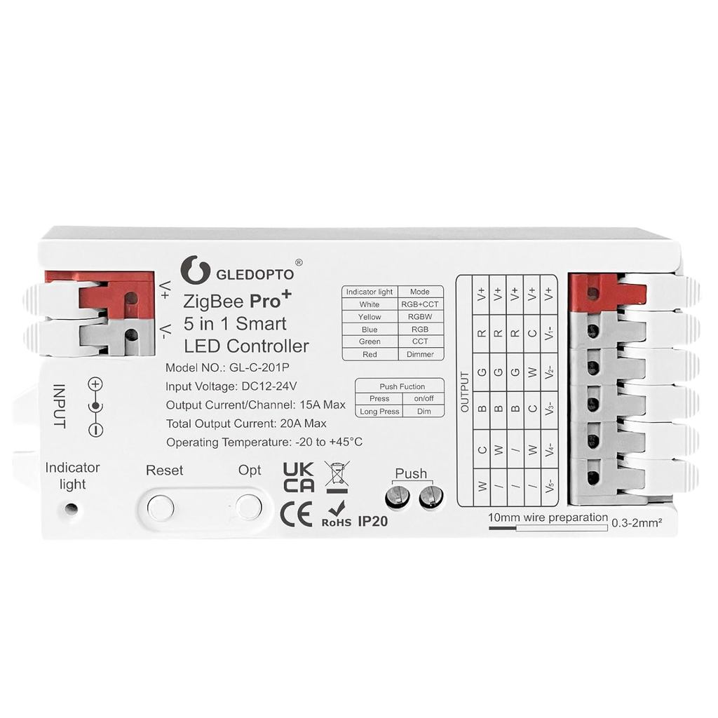 Controlador LED GLEDOPTO ZigBee3.0 Pro+ 5 em 1 20A Máx. RGBCCT/RGBW/RGB/CCT/Dimmer Compatível com Alexa, Homey, Home Ass
