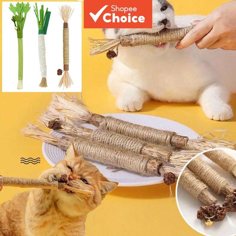  Brinquedo Interativo para Gato com Sino - Bastão de Mastigar em Forma de Legume, Catnip e Madeira Natural, Limpa os