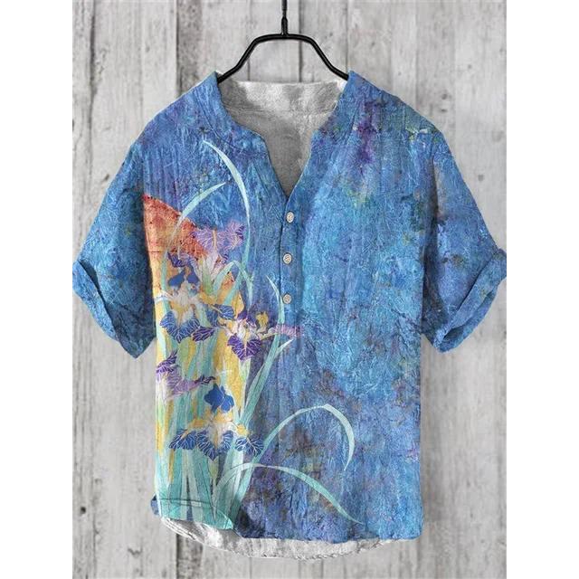 Camisa masculina Retro moda botão Cardigan camisa, camisa masculina de verão com decote em V, topo de manga curta impres