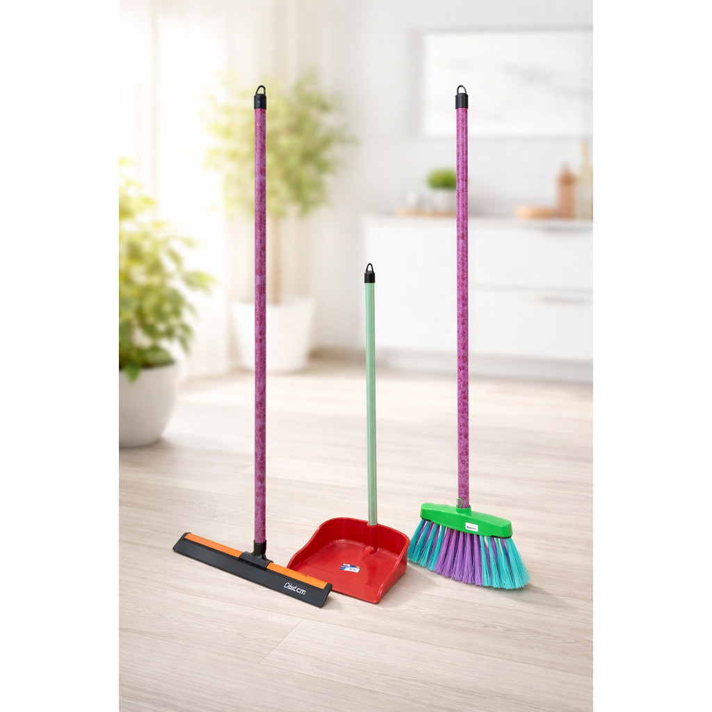 Kit Vassoura, Rodo Grande Duplo, Pá de Lixo Com Cabos 1,20M