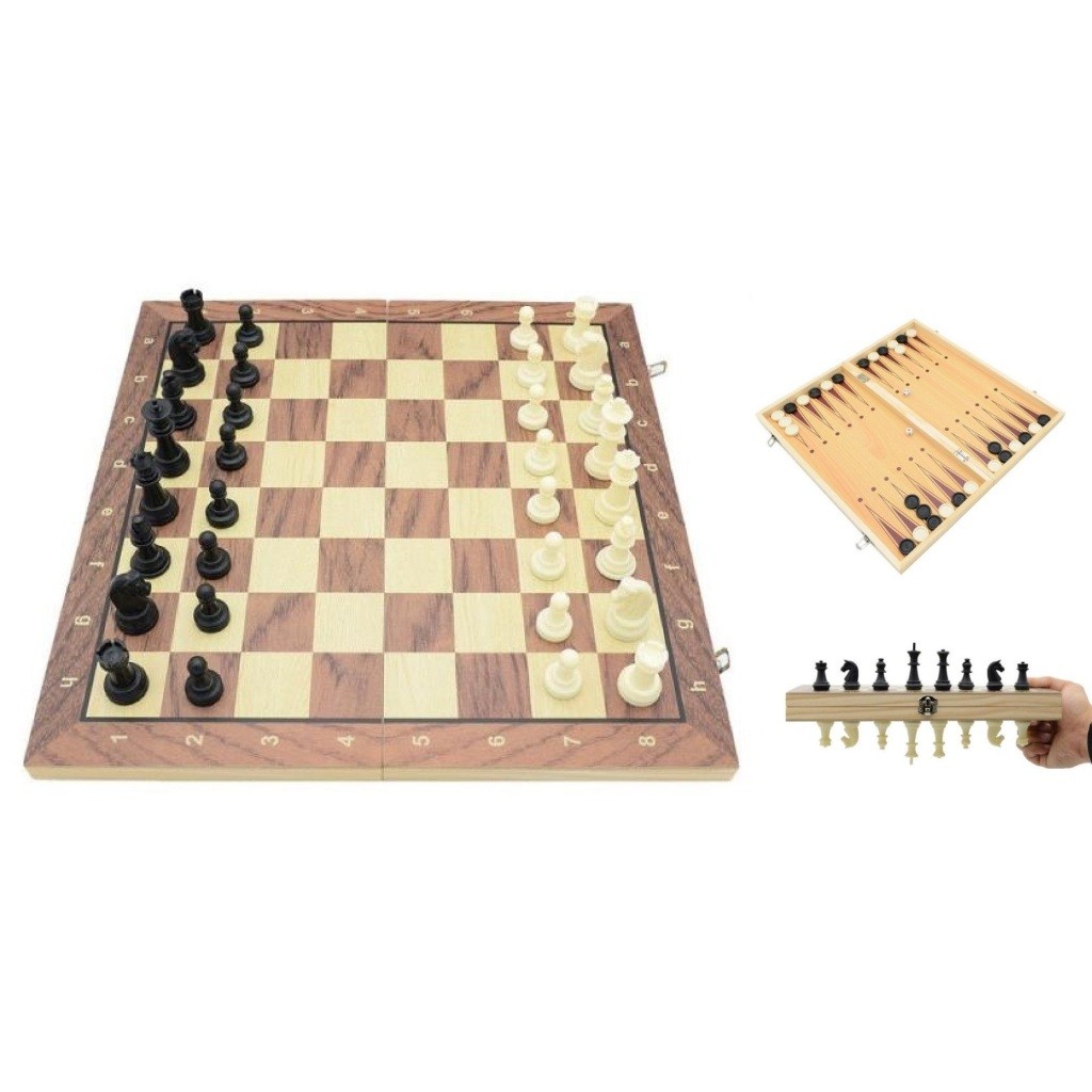 Jogo de Xadrez 3 em 1 - Dama Gamão - Tabuleiro Madeira Dobrável 34x34