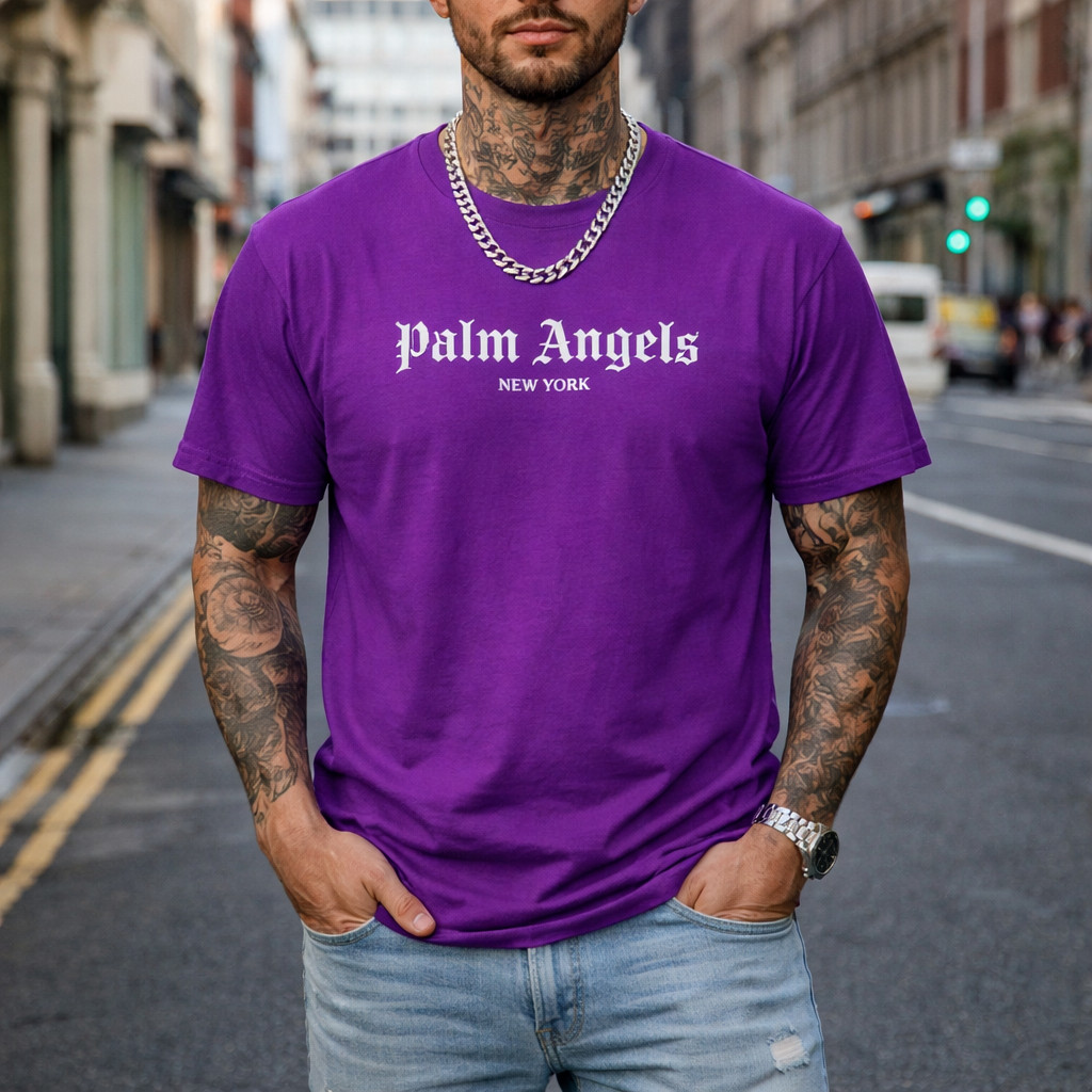 Camiseta Masculina Estampa Palm Angels Roxa Camisa 100% Algodão 30.1 Gola Redonda