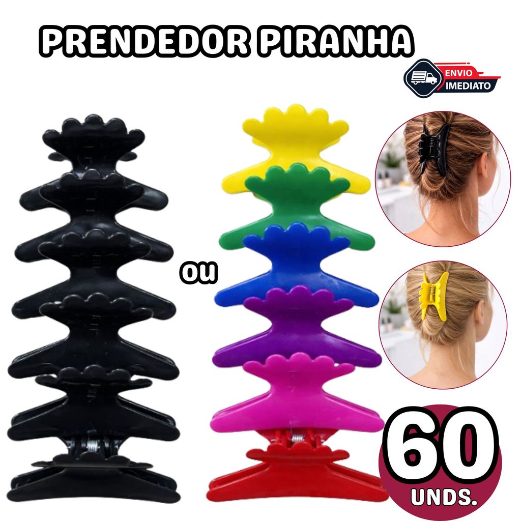 Kit 60 Piranhas Bico de Pato Presilha Salão Prendedor de Cabelos - Prendedor Piranha Preto/Colorido