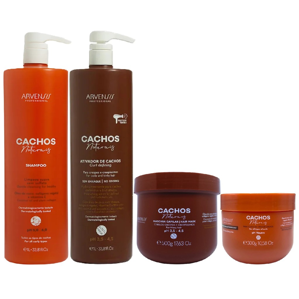Kit Arvensis Cachos - Shampoo 1L + Ativador De Cachos Crespos 1L + Máscara Crespos 500g + Geleia Alta Fixação 300g
