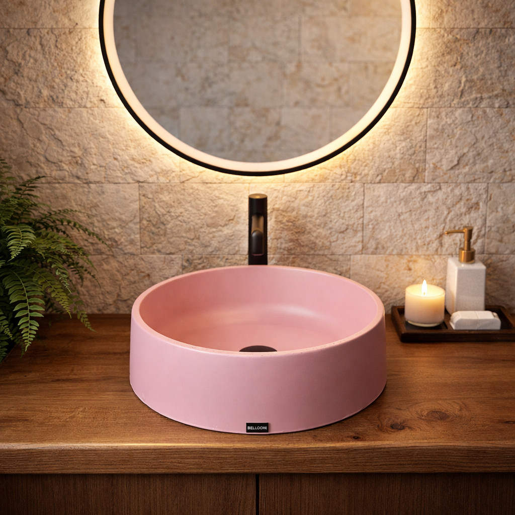 Cuba Rosa Banheiro Redonda Apoio Lavabo Concreto Artesanal Sobrepor Industrial Redonda