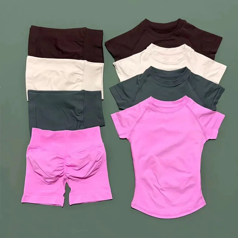 Shorts elásticos para levantamento de quadril, 2 peças, traje de ioga/esportes peludos, manga curta, adequado para a pel — imagem 1