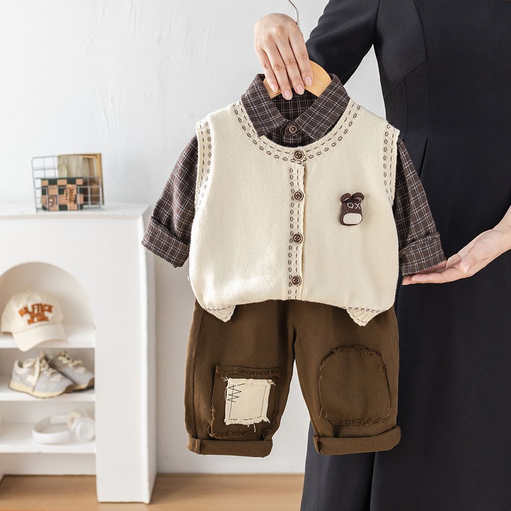 Camisa primavera outono bacalhau colete novo estilo na moda estilo ocidental menino outono terno de três peças moda cami