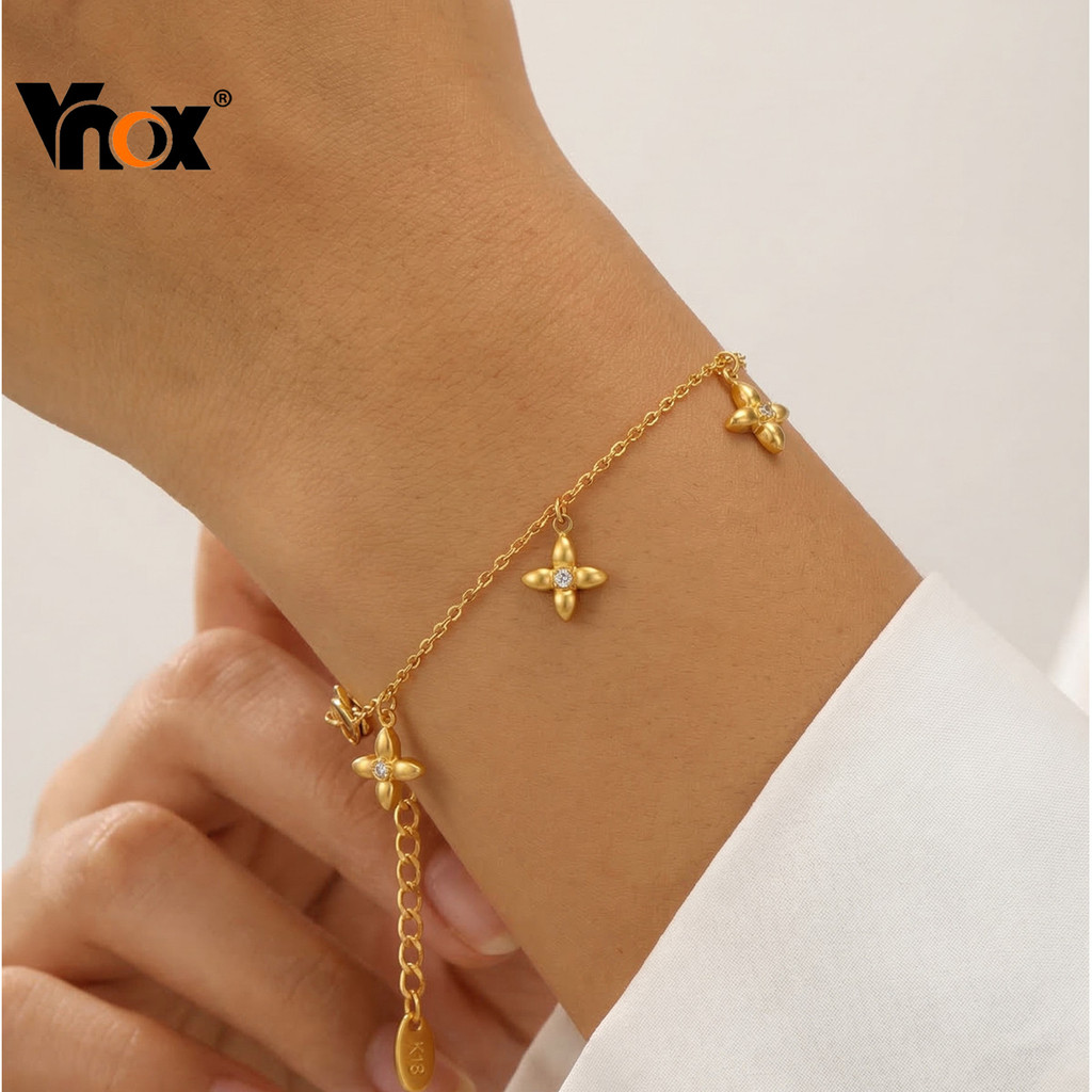 Pulseira Vnox Four Leaf Clover White Zircon Gold – Lucky Charm Joias Presente Para Mulheres