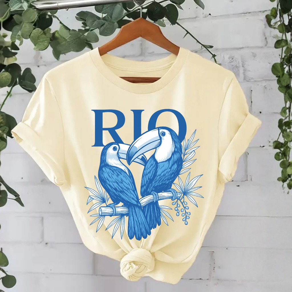Camiseta Estilosa Tropical Rio Feminina Brasil 100 % Algodão Tucano Amazônia Estampada Tendência