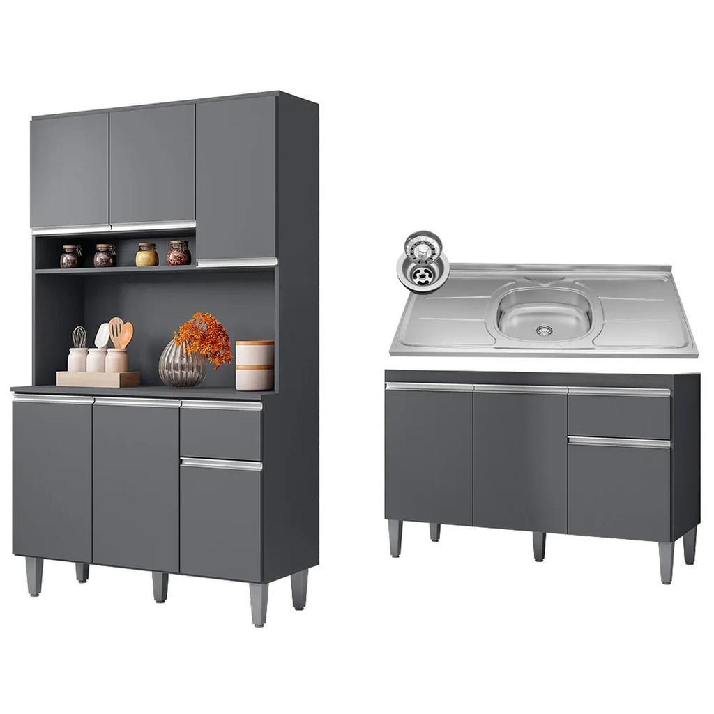 Cozinha Compacta Márcia e Balcão Gabinete Com Pia Tatiane 120cm Cinza - AJL Móveis