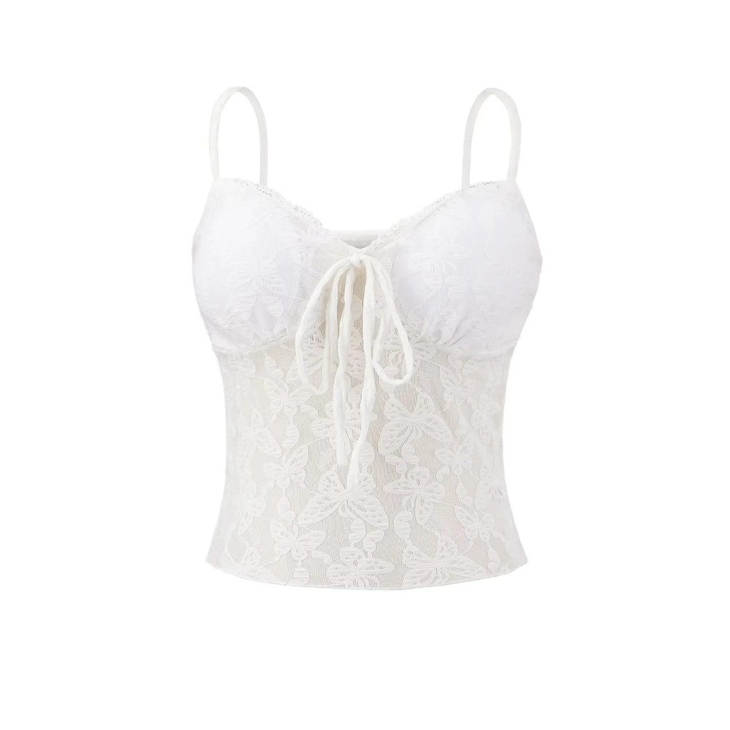 Crochê renda gaze costura rendas colete feminino branco Bottoming estiramento fino cintura alta doce ombro fino