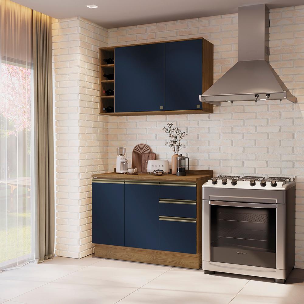 Armário de Cozinha Compacta Garrafeiro 100% MDF 120cm Nogueira/Azul Profundo Celeste Kappesberg