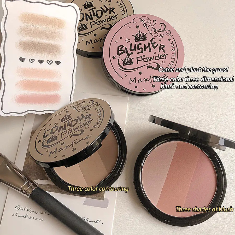 Paleta de Maquiagem Facial Natural e Delicada com Blush, Iluminador e Sombra para Nariz em Três Cores, à Prova d'Água, d
