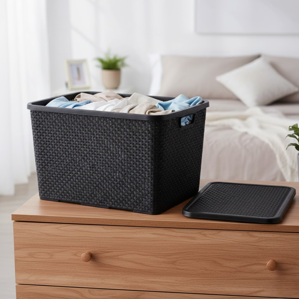 Kit com 4 Cesto Caixa Organizadora Rattan Grande 40l com Tampa Preto Arqplast