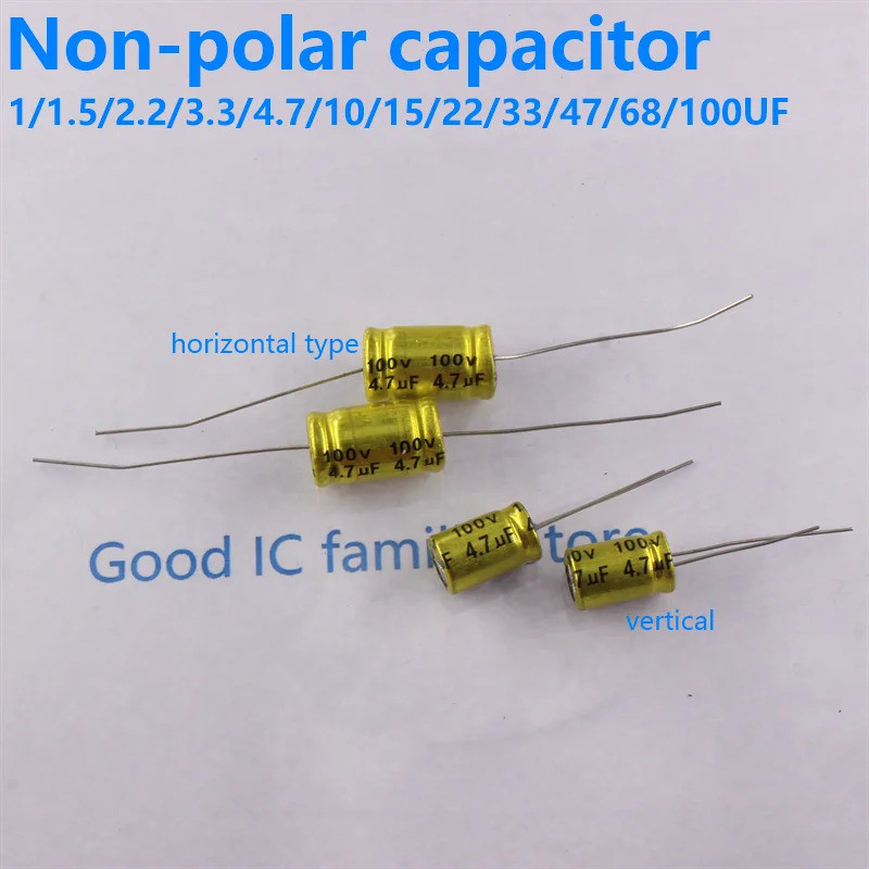 10 Peças 100V 1uF 1.5uF 2.2uF 3.3uF 4.7uF 5.6uF 6.8uF 10uF 22uF 33uF 47uF 68uF 100uF NP Capacitor Eletrolítico Horizonta