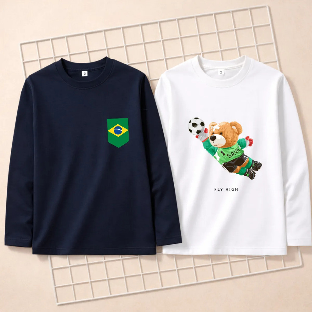 Kit 2 Camisetas Infantil Manga Longa Unissex Estampa Seleção Brasileira