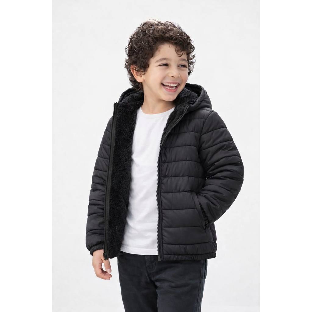 Jaqueta Infantil e Juvenil Impermeavel Preta Puffer Forrada Com Pelo Com Capuz