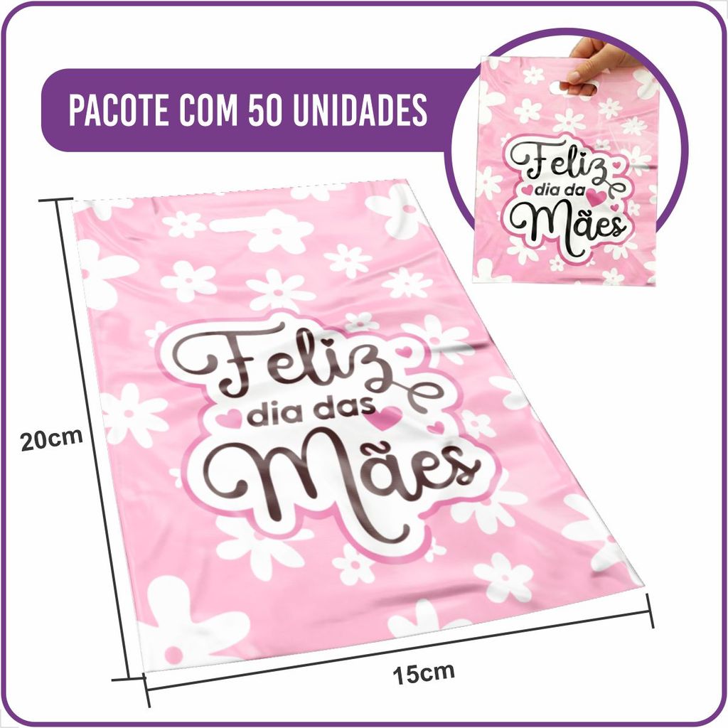 Sacola Plástica Boca de Palhaço Feliz Dia das Mães 15x20cm - (50 Unidades)