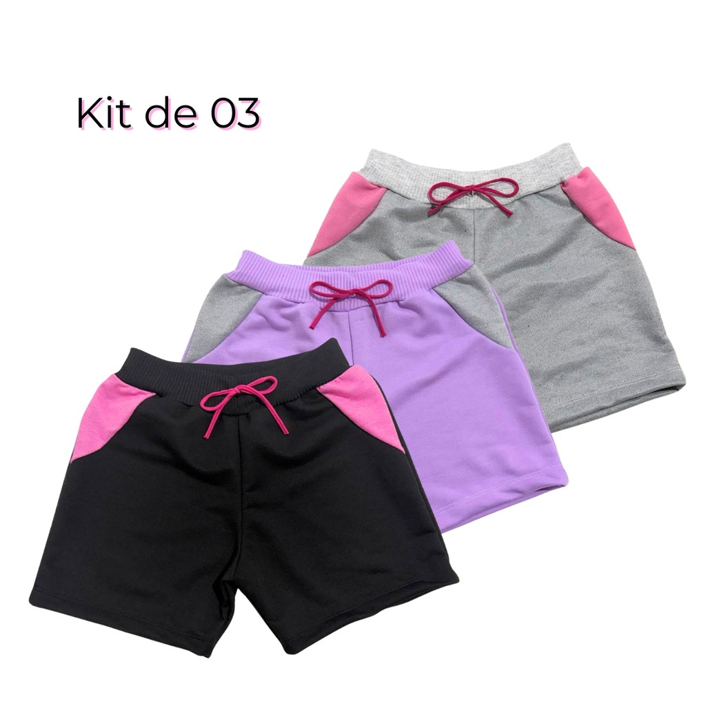 Kit 3 Shorts Moletinho Menina Escola Bermuda Infantil Dia a Dia