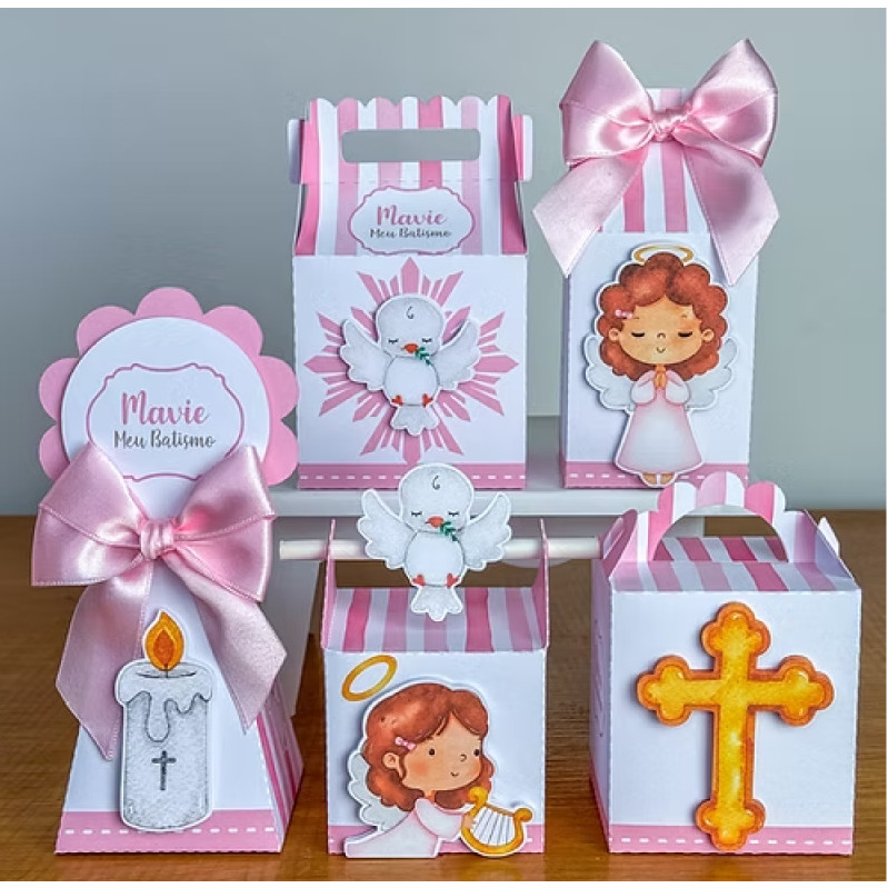PEGUE E MONTE - Kit Festa Personalizado Batizado Rosa - Lembrancinhas - Caixinhas para festa