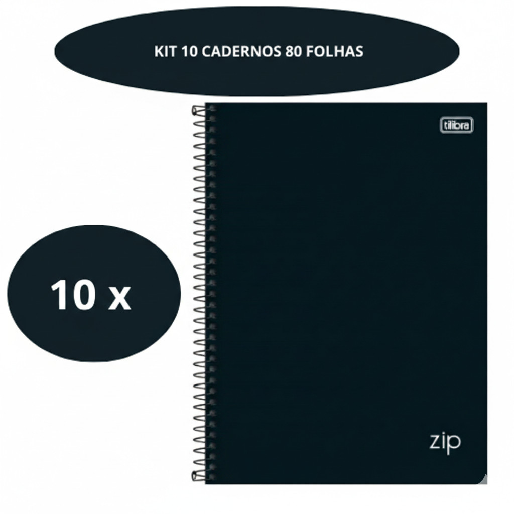KIT 10 Caderno 80 Folhas 1 Matéria Universitário Zip Preto Tilibra Qualidade Capa Dura Espiral